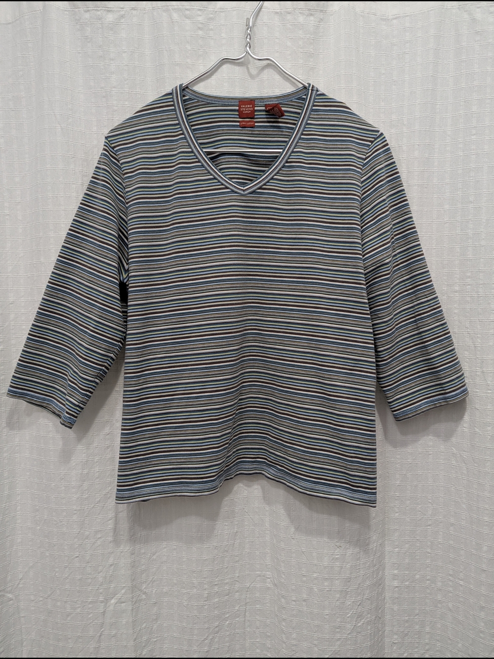 Striped Scoop Neck Tee Blue, White, Brown Pima Cotton 1X Stretch Comfy
